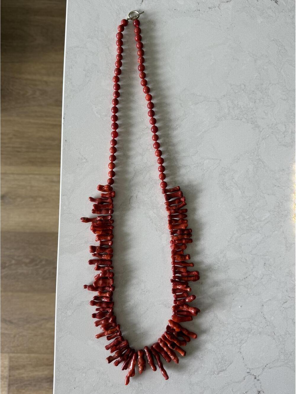 Genuine Red Branch Coral & Bead Statement Necklace-Sterling 925